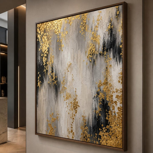 Black Gold Gray Abstract Painting, Luxury Textured Wall Art, Metallic Gold Leaf Canvas, Modern Impasto Artwork, Contemporary Statement Decor