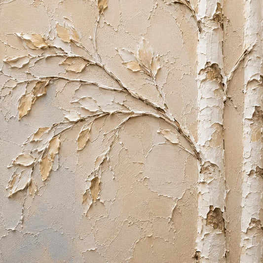 Textured Birch Tree Wall Art, Neutral Abstract Forest Painting, Sculptural Woodland Canvas