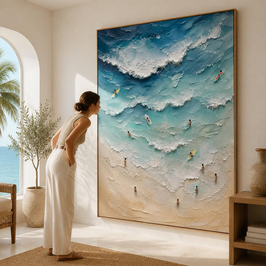 Textured Ocean Wave Wall Art, Modern Surfing Beach Canvas Painting, Horizontal Coastal Artwork