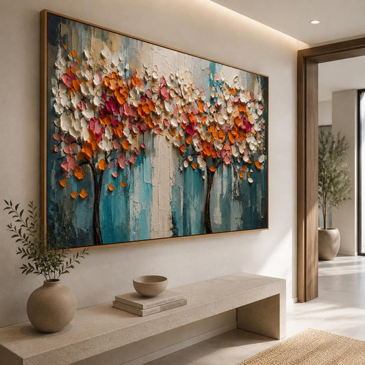 Textured Floral Tree Wall Art, Contemporary Canvas Painting, Horizontal Colorful Artwork