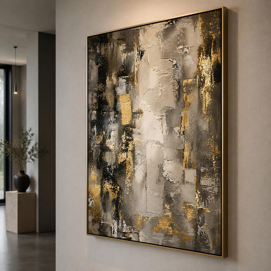 Textured Abstract Grey & Gold Canvas – Modern Impasto Wall Art