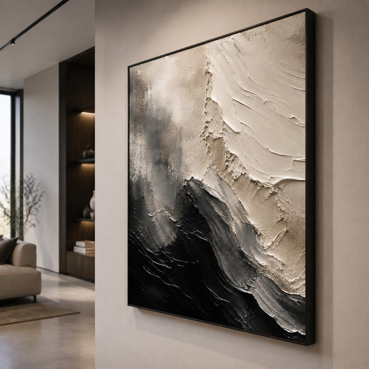Textured Abstract Monochrome Painting, Black & White Impasto Canvas Art