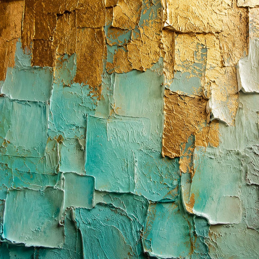 Textured Teal Gold Abstract Canvas Painting, Modern Coastal Ocean Artwork