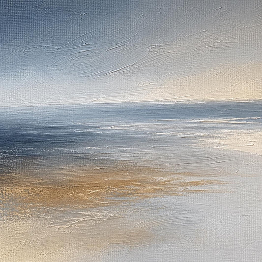 Abstract Coastal Landscape Painting, Textured Ocean Seascape, Gold Foil Accents