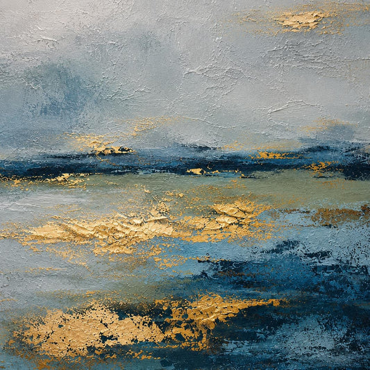 Textured Blue Gold Abstract Seascape Painting, Coastal Canvas Art, Ocean Wall Decor