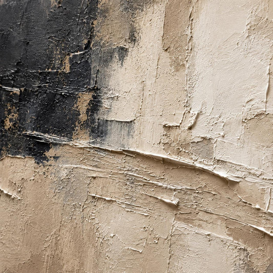 Neutral Beige Black Textured Abstract Painting, Luxury Minimalist Canvas Artwork