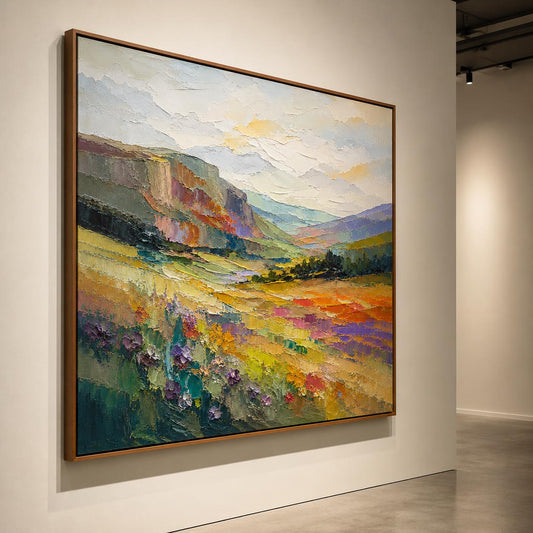 Cheerful Landscape Painting, Lavender Fields Wall Art, Impressionist Canvas, Living Room Artwork, Cottagecore Decor