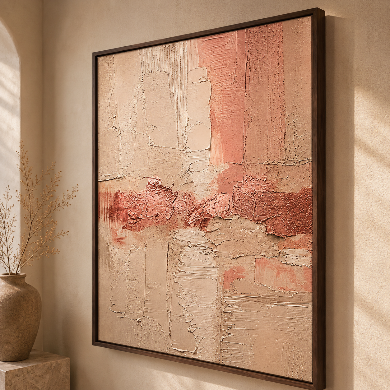 Blush Pink Textured Abstract Painting, Neutral Plaster Wall Art, Modern Minimalist Canvas, Japandi Luxury Decor