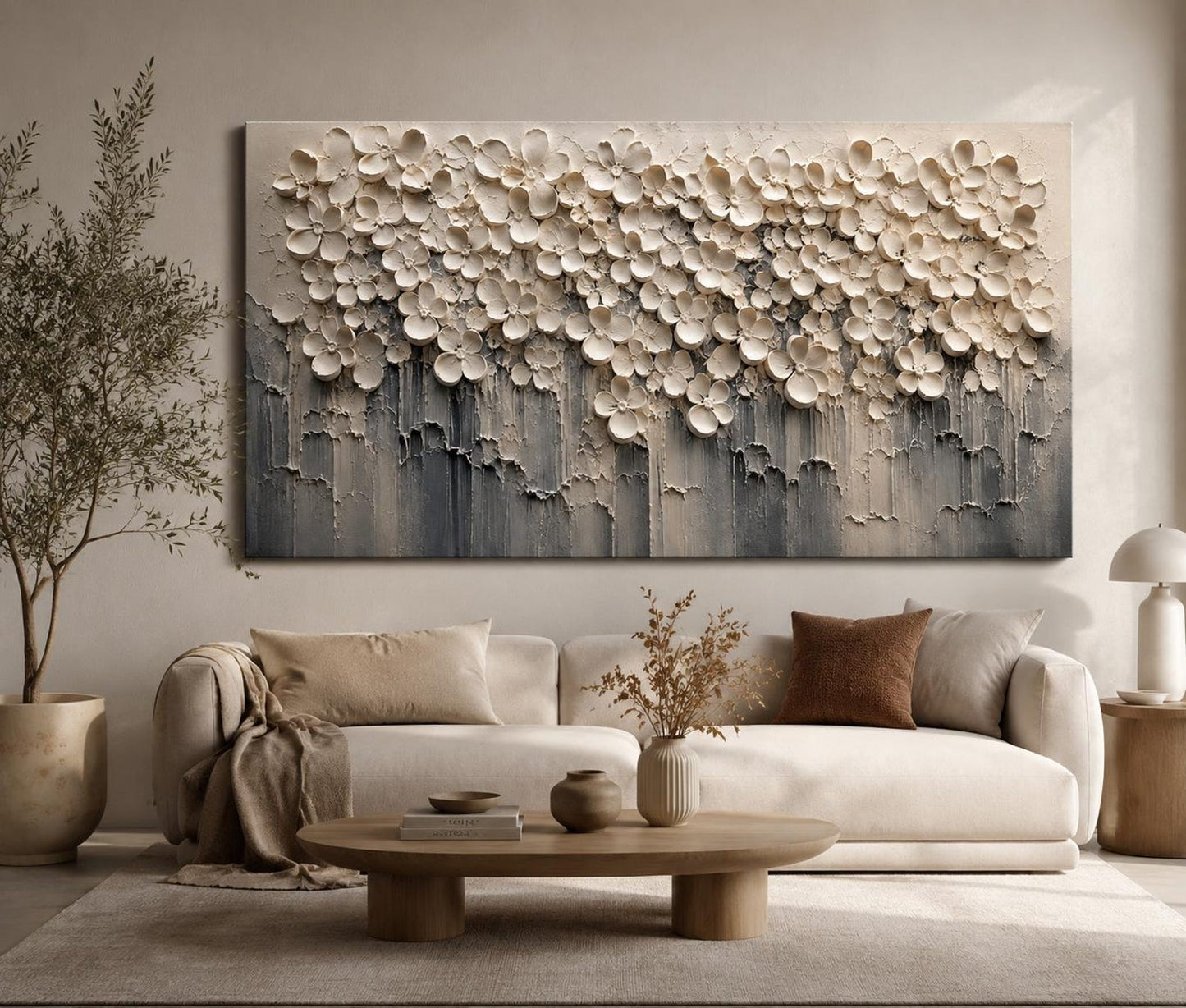 Textured 3D Floral Canvas – Modern Neutral Wall Art, Contemporary Textured Flowers