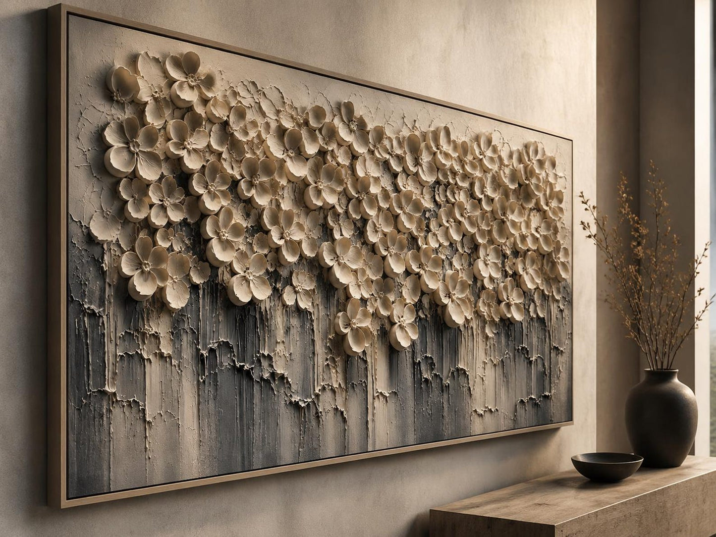 Textured 3D Floral Canvas – Modern Neutral Wall Art, Contemporary Textured Flowers