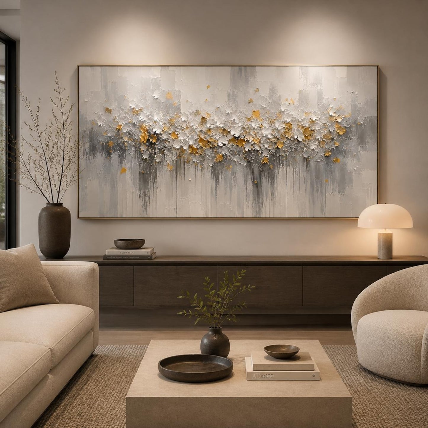 Textured Abstract Floral Canvas – Modern Wall Art with Gold Accents