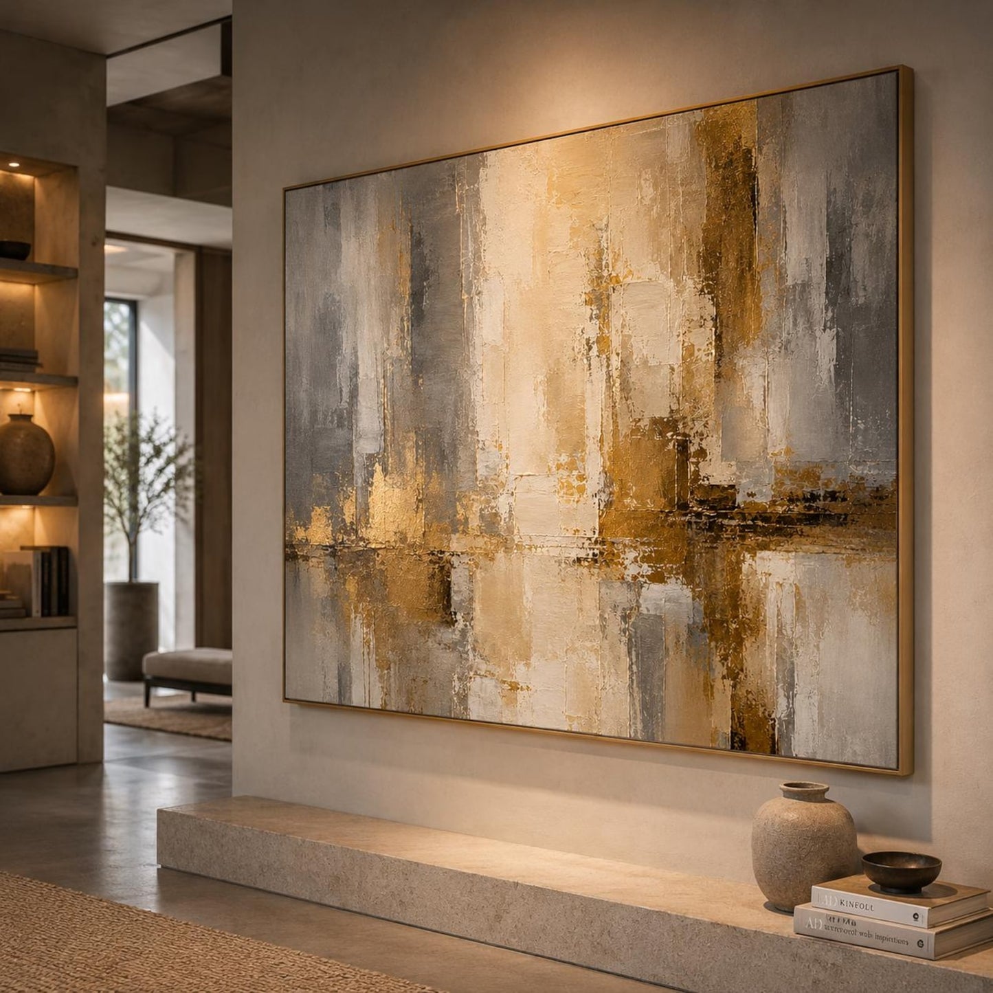 Textured Abstract Painting, Beige Gold Gray Canvas Art, Modern Luxury Wall Decor