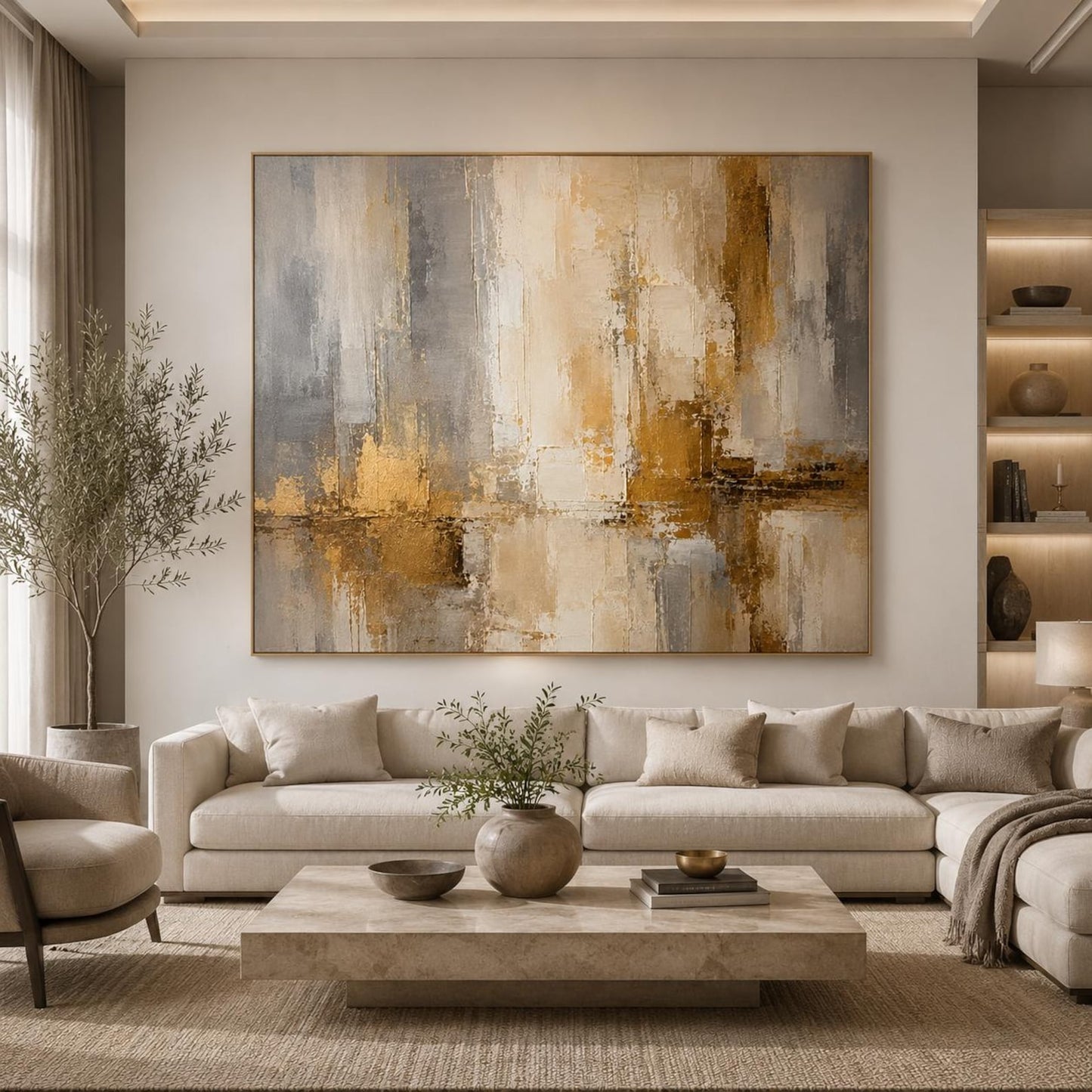 Textured Abstract Painting, Beige Gold Gray Canvas Art, Modern Luxury Wall Decor
