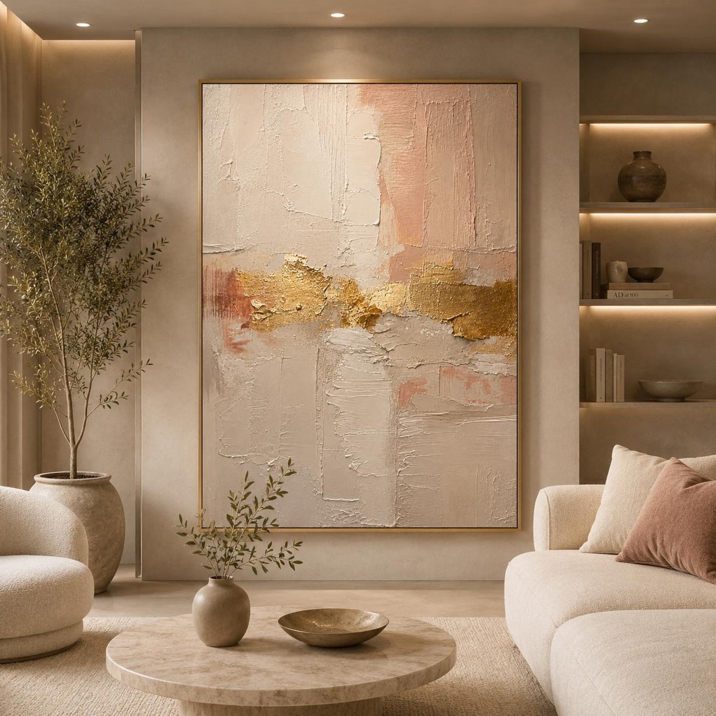 Blush Pink Gold Textured Abstract Painting, Neutral Modern Canvas Artwork