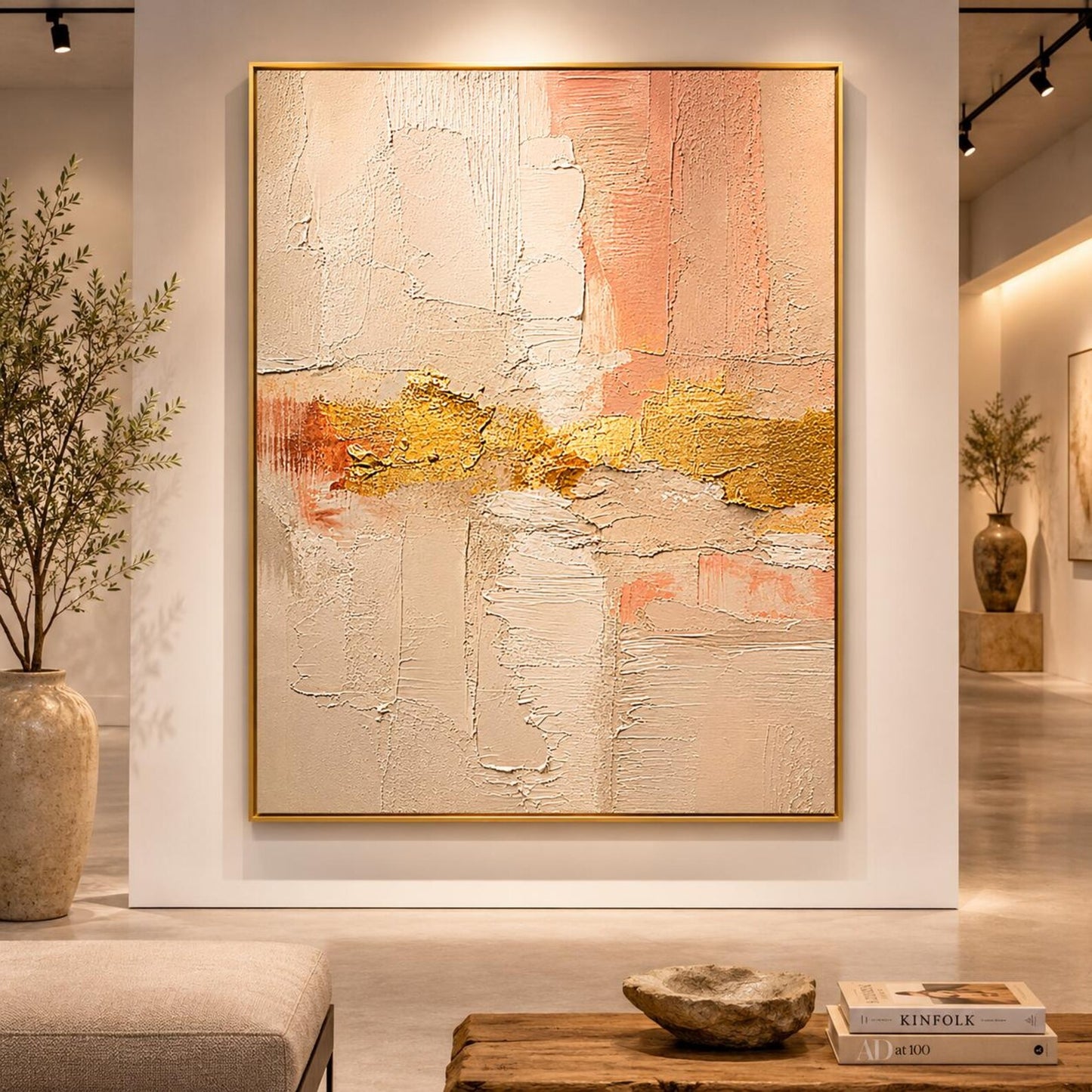 Blush Pink Gold Textured Abstract Painting, Neutral Modern Canvas Artwork