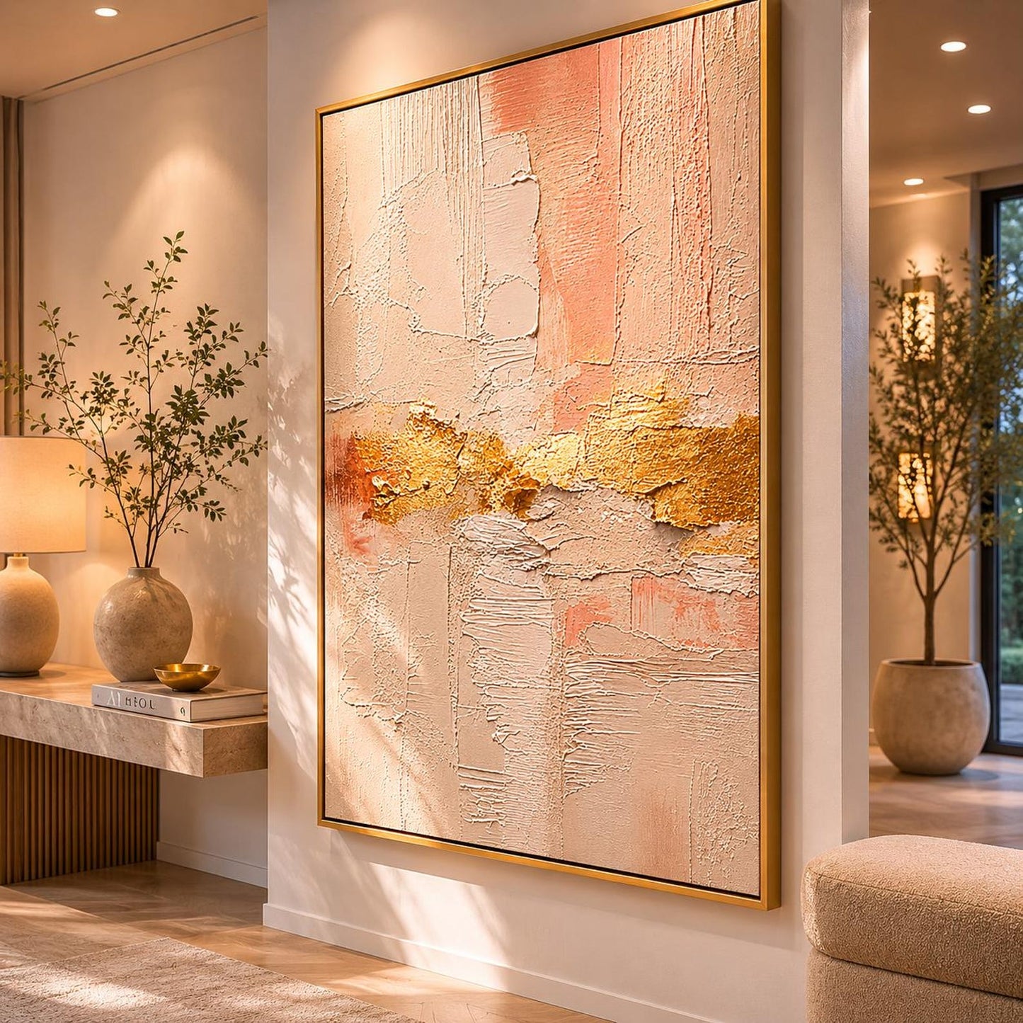 Blush Pink Gold Textured Abstract Painting, Neutral Modern Canvas Artwork