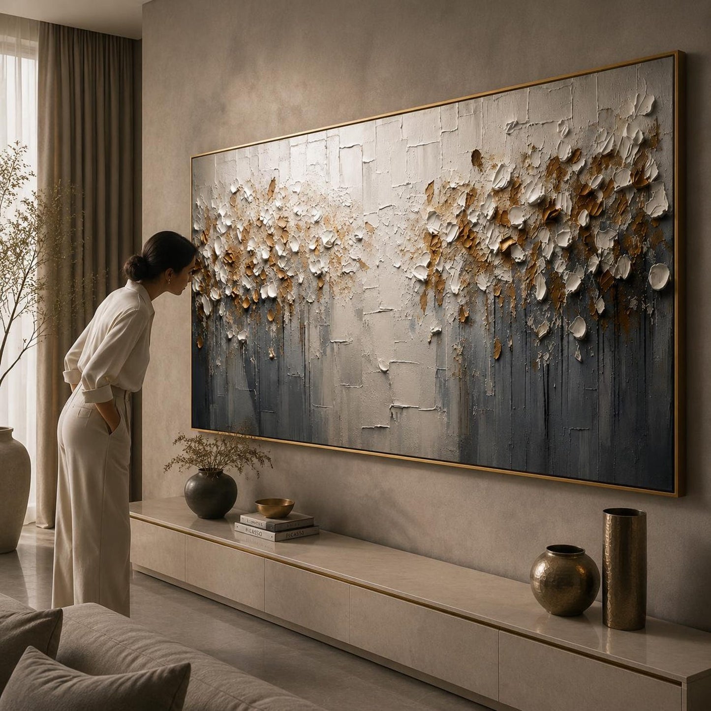 Textured Floral Abstract Wall Art, Modern Gold & White Canvas Painting, Contemporary Horizontal Minimalist Decor