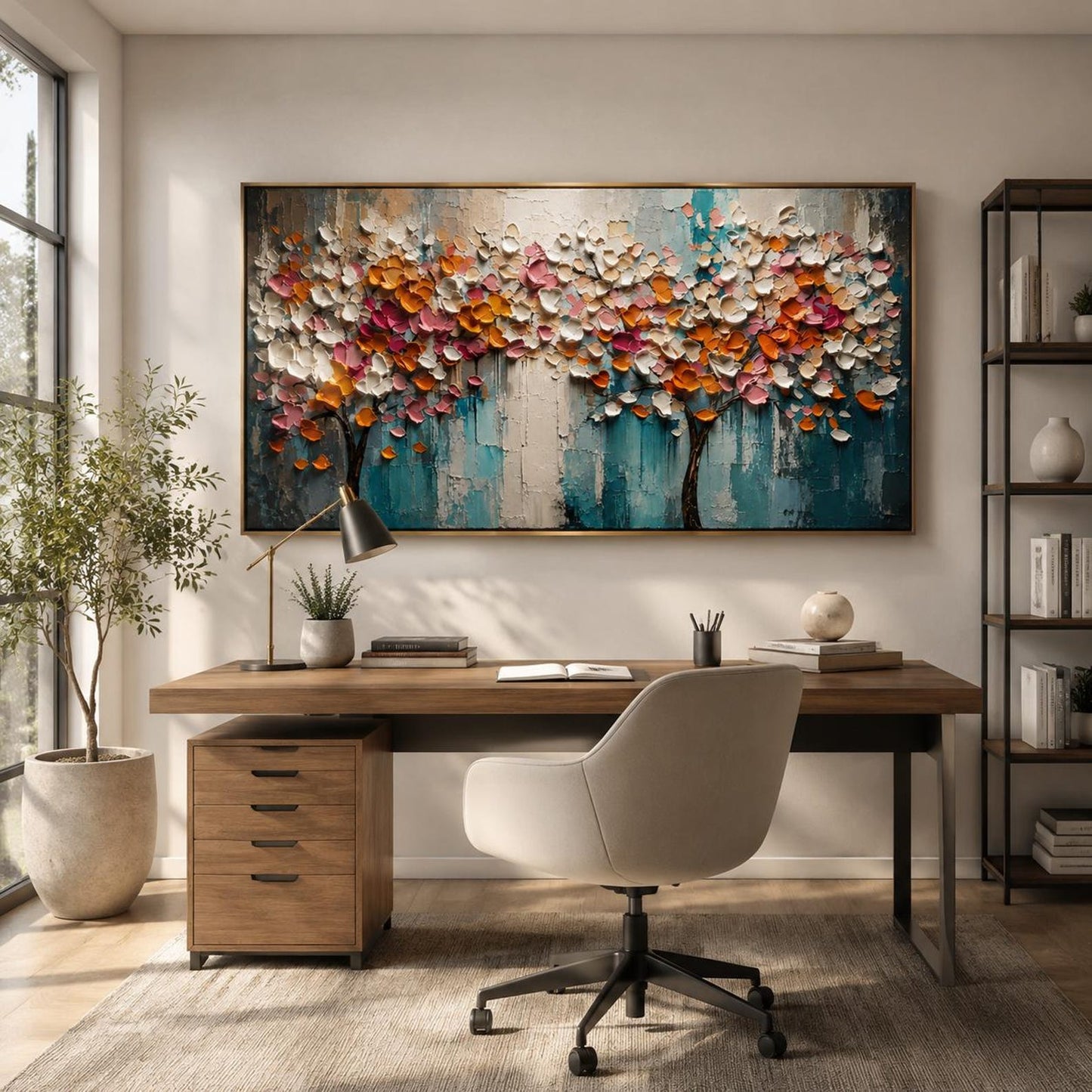 Textured Floral Tree Wall Art, Contemporary Canvas Painting, Horizontal Colorful Artwork