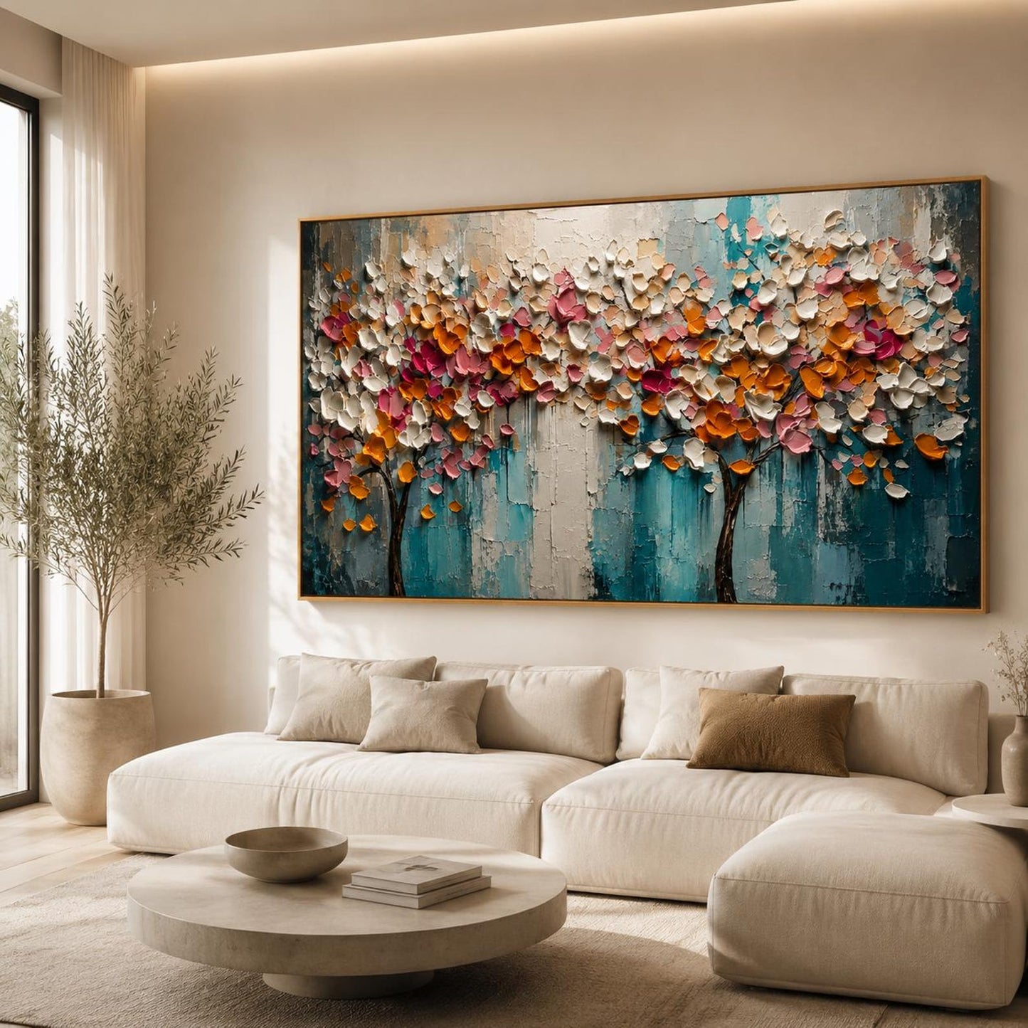 Textured Floral Tree Wall Art, Contemporary Canvas Painting, Horizontal Colorful Artwork