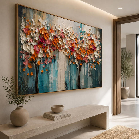 Textured Floral Tree Wall Art, Contemporary Canvas Painting, Horizontal Colorful Artwork