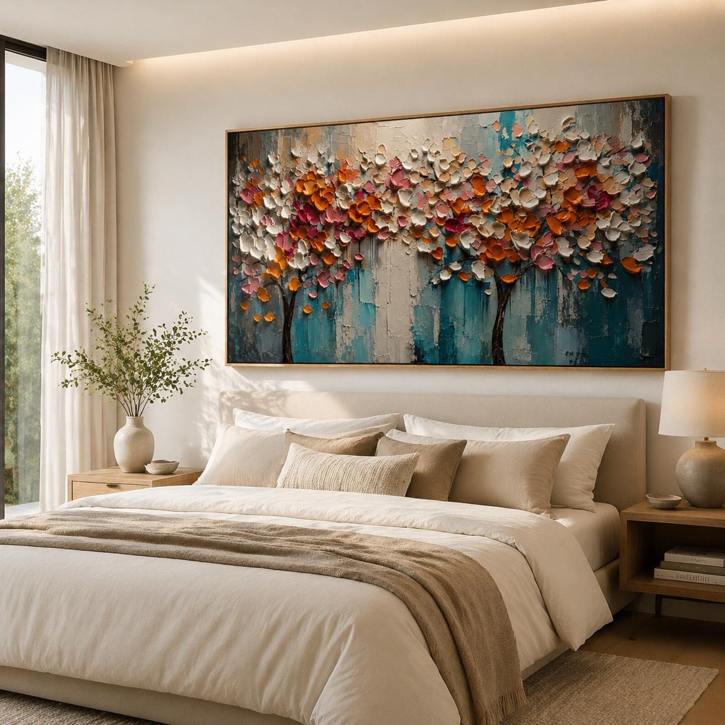 Textured Floral Tree Wall Art, Contemporary Canvas Painting, Horizontal Colorful Artwork