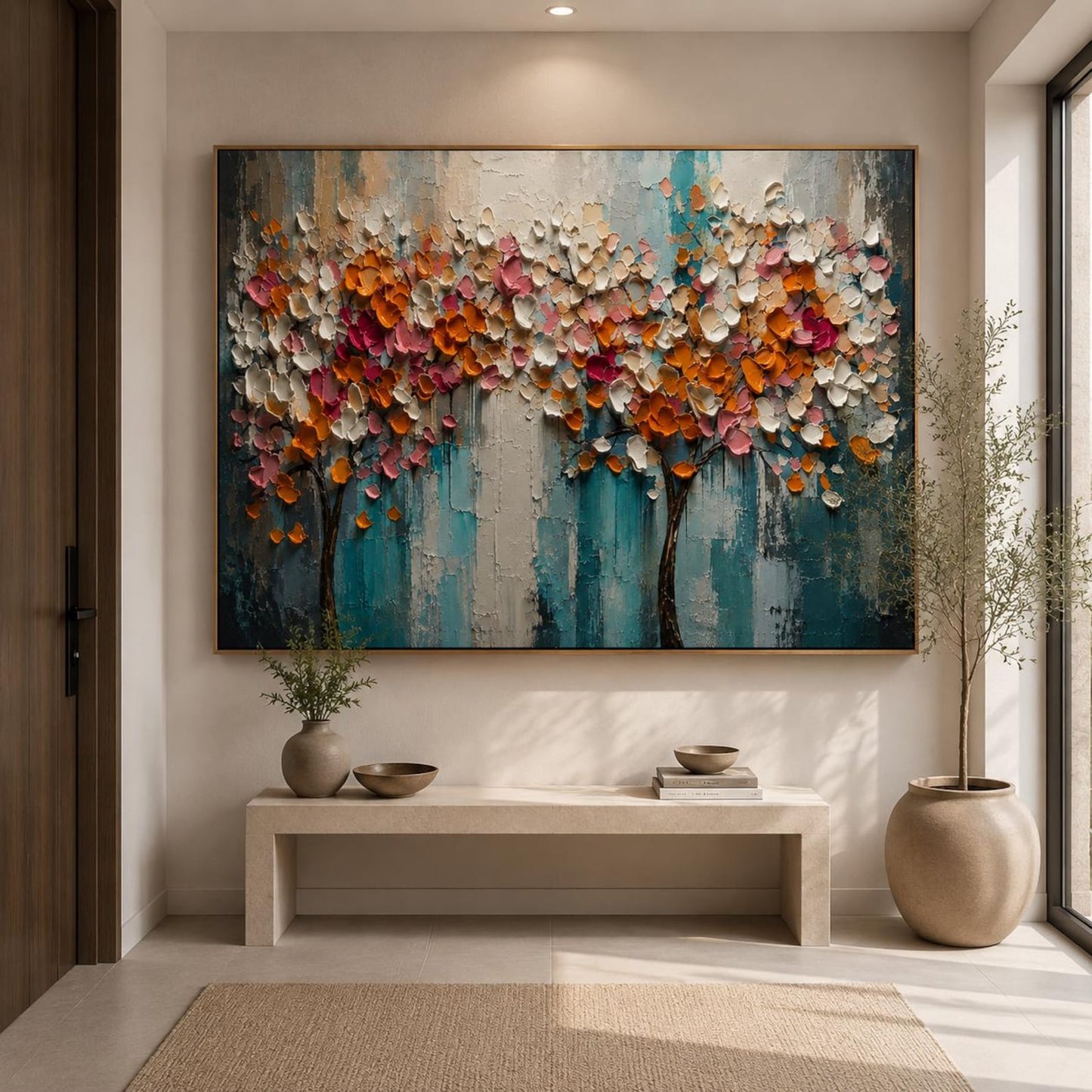 Textured Floral Tree Wall Art, Contemporary Canvas Painting, Horizontal Colorful Artwork