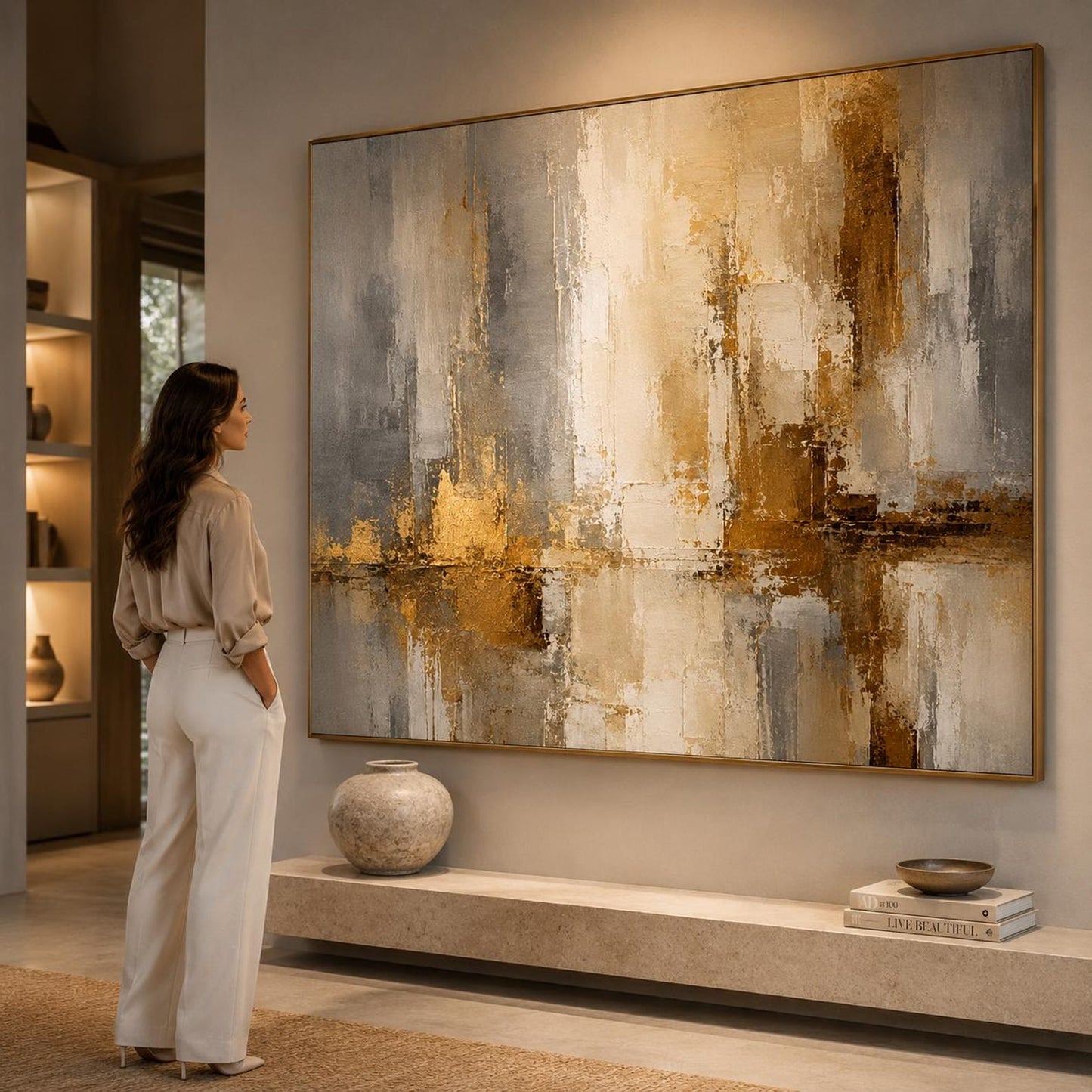 Textured Abstract Painting, Beige Gold Gray Canvas Art, Modern Luxury Wall Decor
