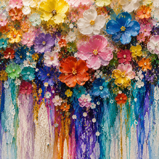 Textured Floral Wall Art on Canvas, Boho Colorful Impasto Flower Painting, Living Room Maximalist Decor