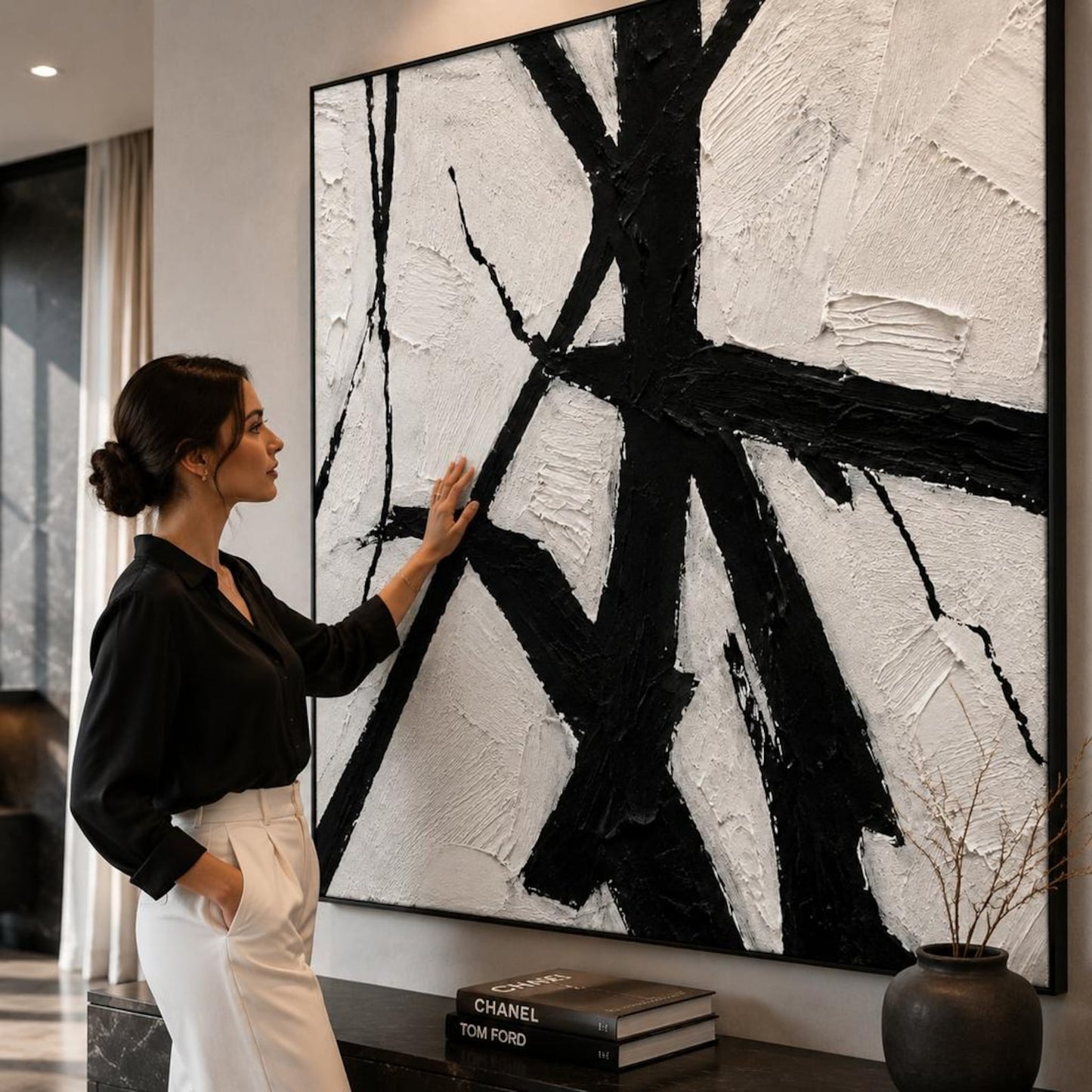 Textured Black White Abstract Canvas Art, Impasto Palette Knife Painting, Modern Monochrome Living Room Decor