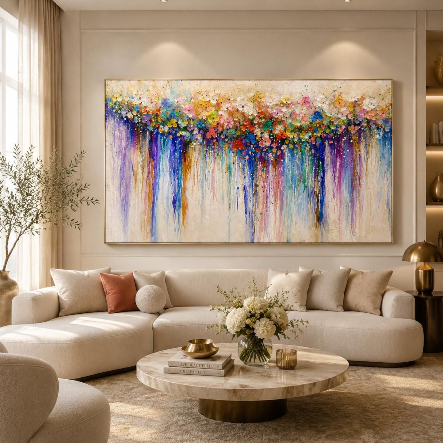 Textured Floral Wall Art on Canvas, Boho Colorful Impasto Flower Painting, Living Room Maximalist Decor