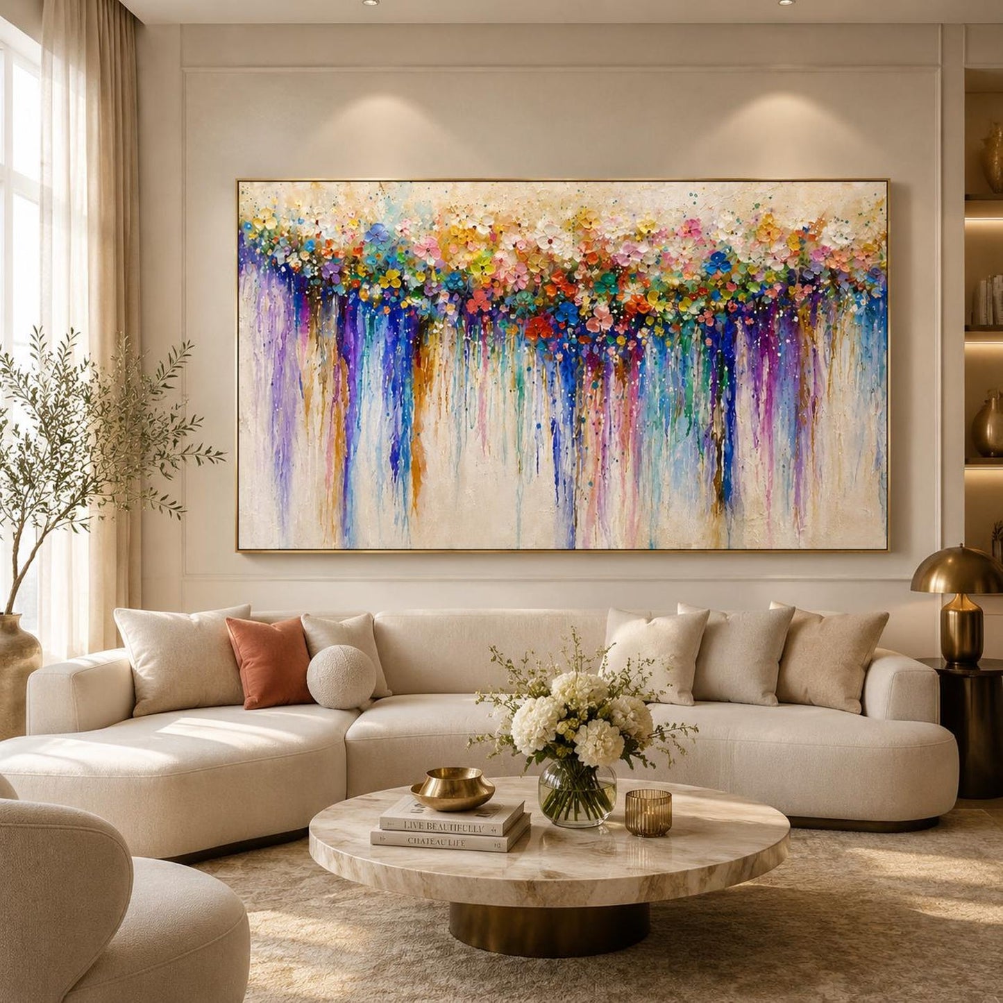Textured Floral Wall Art on Canvas, Boho Colorful Impasto Flower Painting, Living Room Maximalist Decor
