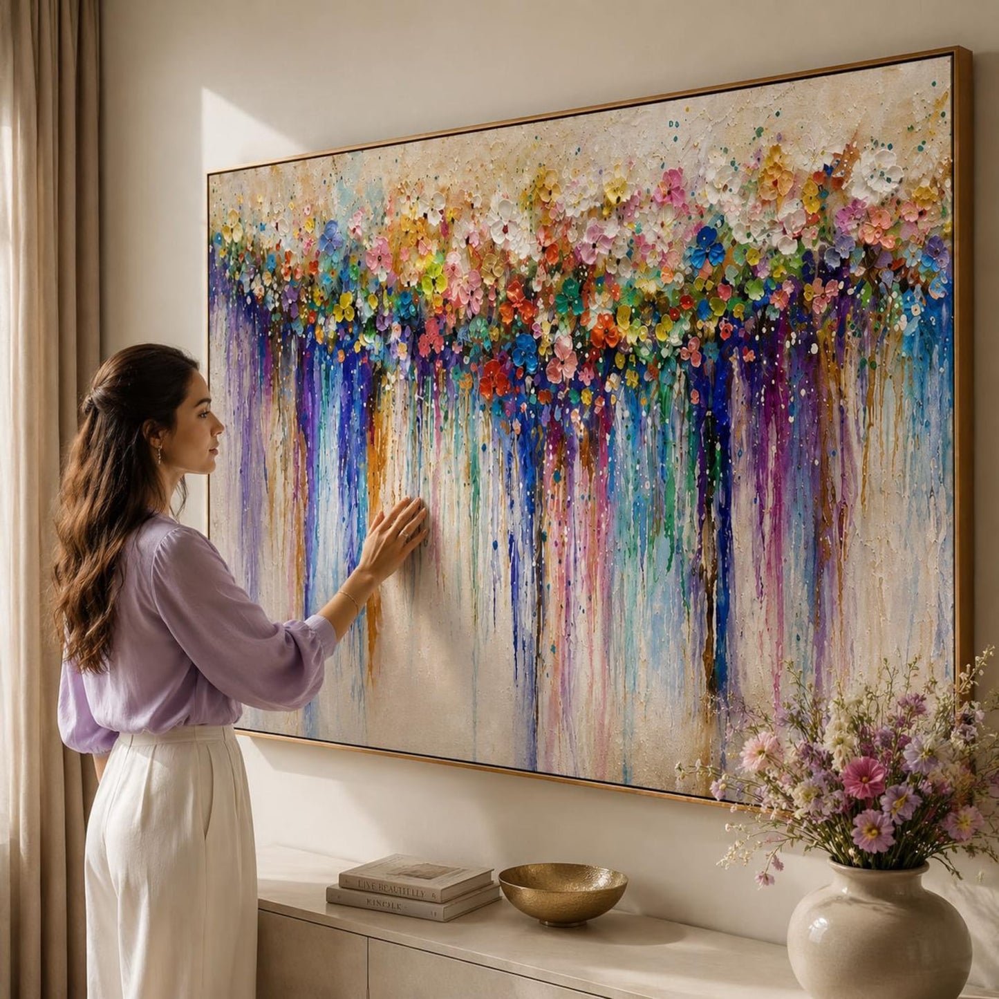 Textured Floral Wall Art on Canvas, Boho Colorful Impasto Flower Painting, Living Room Maximalist Decor
