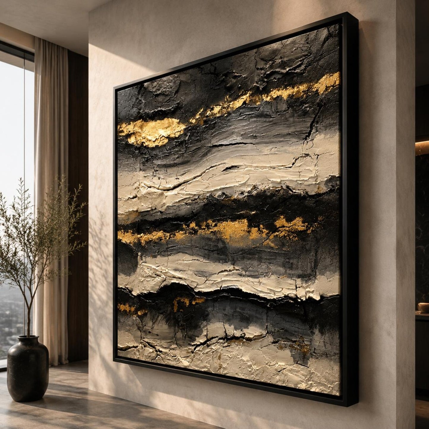 Black Gold Abstract Wall Art, Textured Luxury Canvas Painting, Modern Charcoal Impasto Artwork, Contemporary Statement Wall Decor