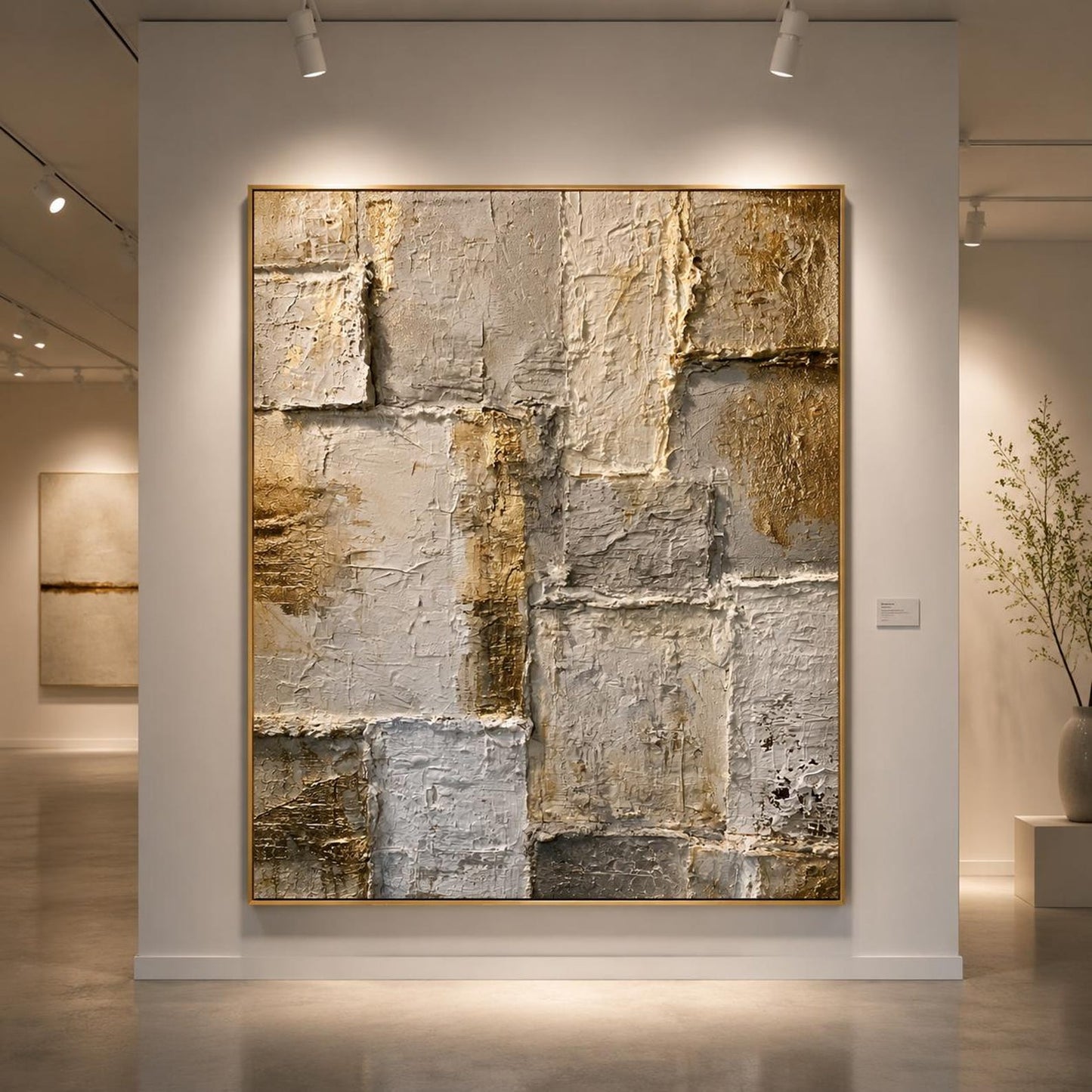 Gold Textured Abstract Wall Art, Neutral Geometric Canvas Painting, Luxury Modern Plaster Artwork, Beige Gray Statement Wall Decor