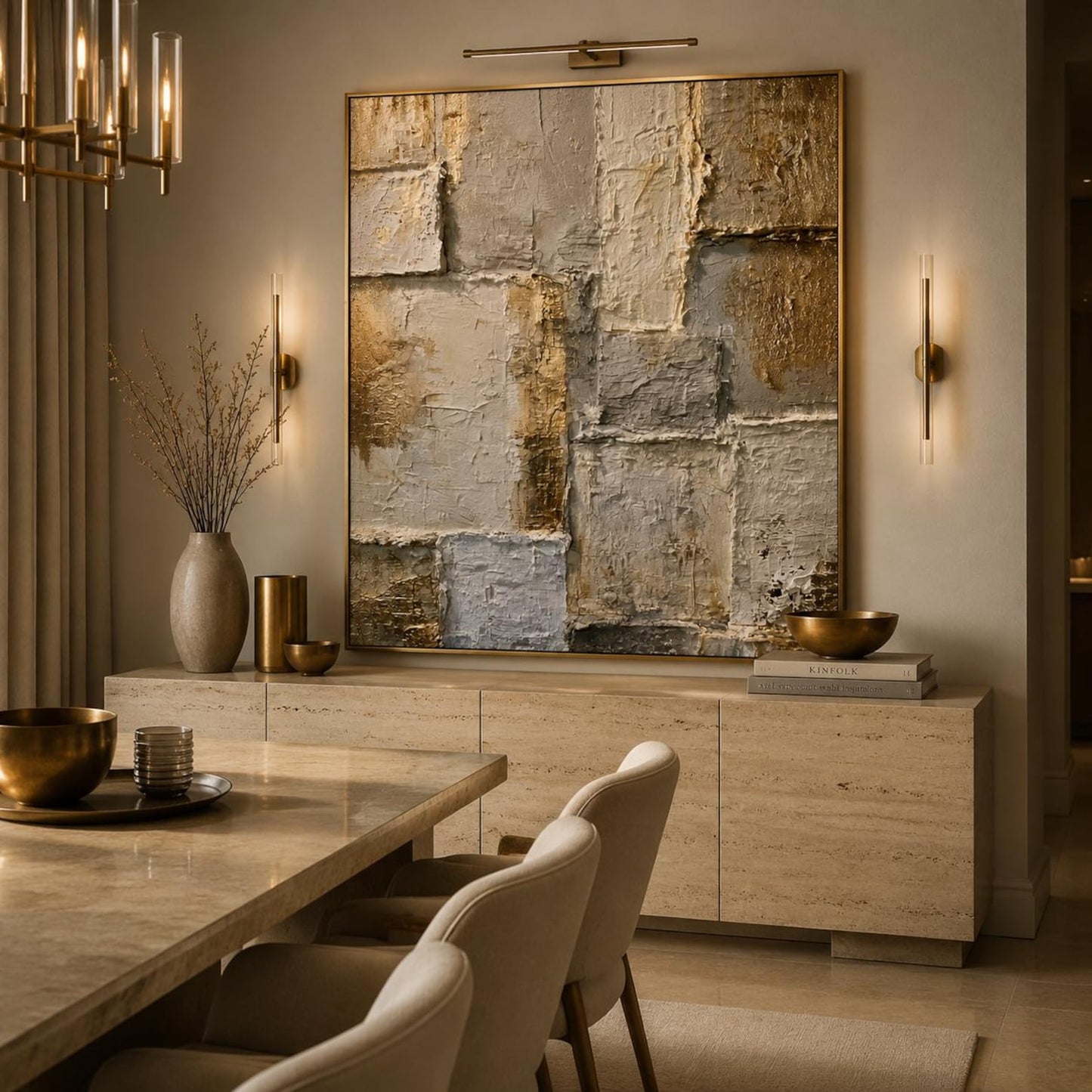 Gold Textured Abstract Wall Art, Neutral Geometric Canvas Painting, Luxury Modern Plaster Artwork, Beige Gray Statement Wall Decor