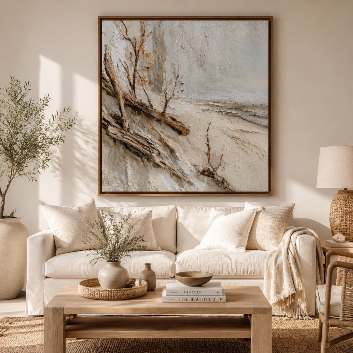 Driftwood Beach Wall Art, Textured Coastal Canvas Painting, Rustic Ocean Landscape, Neutral Beach Decor, Luxury Coastal Wall Art