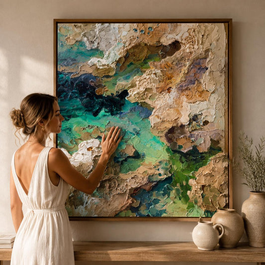 Coastal Abstract Wall Art, Textured Ocean Canvas Painting, Turquoise Impasto Seascape Artwork, Luxury Coastal Wall Decor
