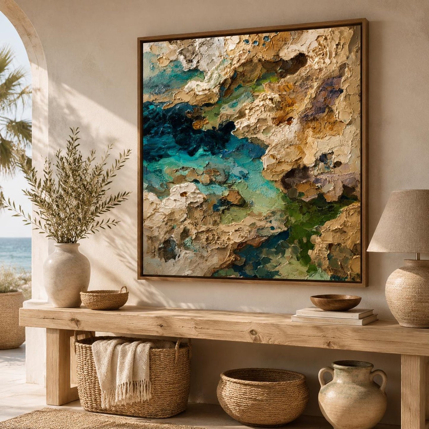 Coastal Abstract Wall Art, Textured Ocean Canvas Painting, Turquoise Impasto Seascape Artwork, Luxury Coastal Wall Decor