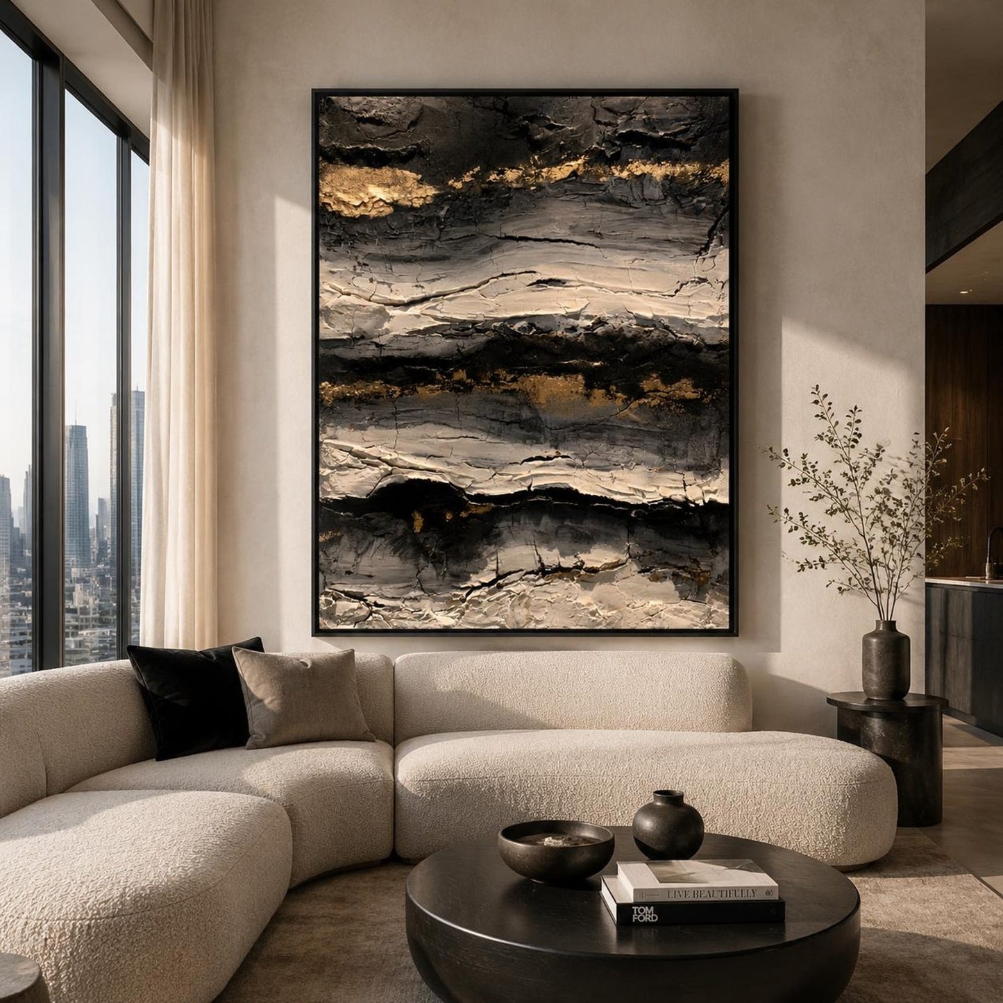 Black Gold Abstract Wall Art, Textured Luxury Canvas Painting, Modern Charcoal Impasto Artwork, Contemporary Statement Wall Decor