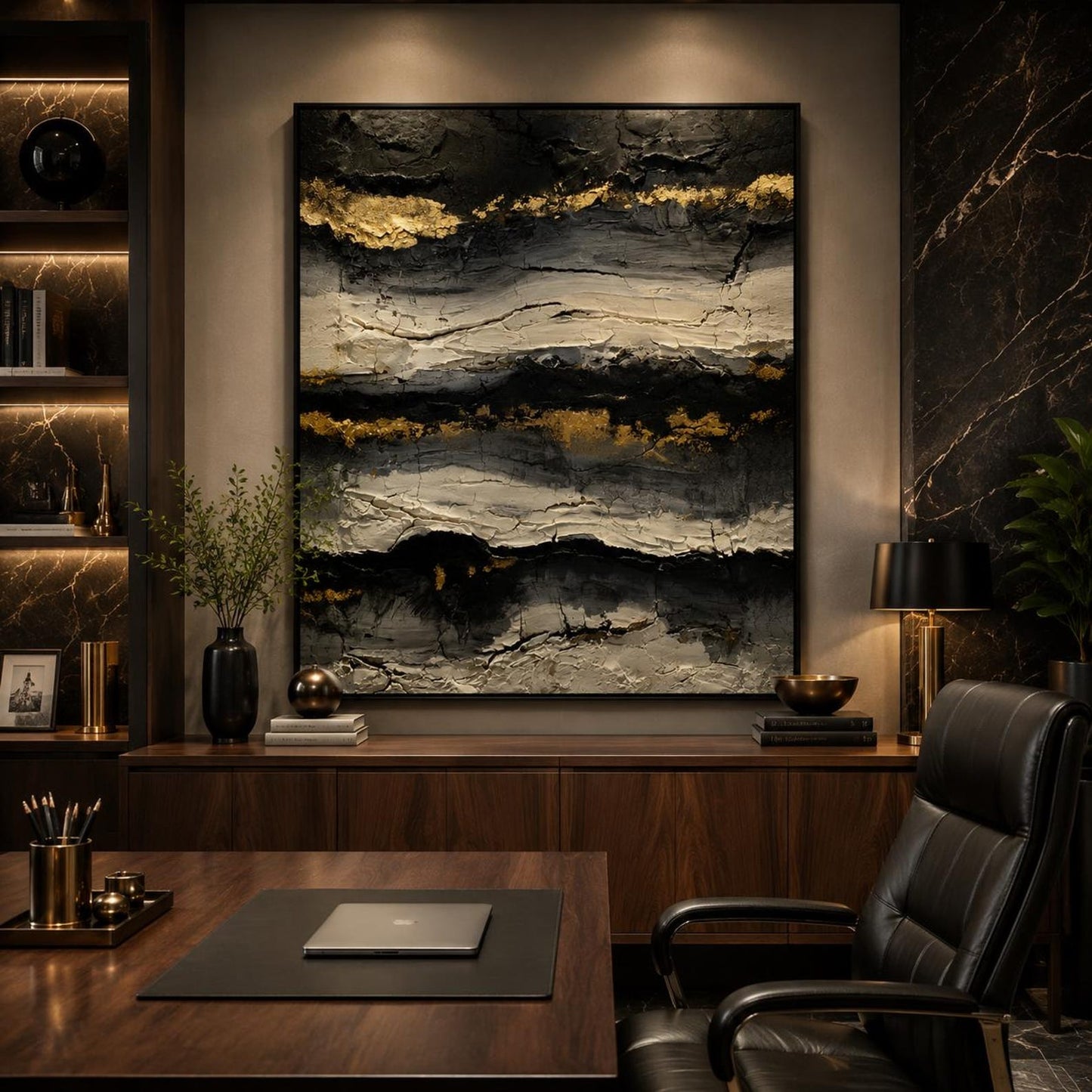 Black Gold Abstract Wall Art, Textured Luxury Canvas Painting, Modern Charcoal Impasto Artwork, Contemporary Statement Wall Decor
