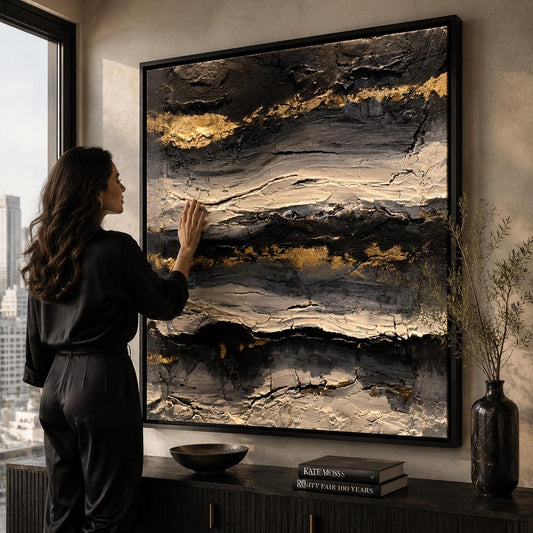 Black Gold Abstract Wall Art, Textured Luxury Canvas Painting, Modern Charcoal Impasto Artwork, Contemporary Statement Wall Decor