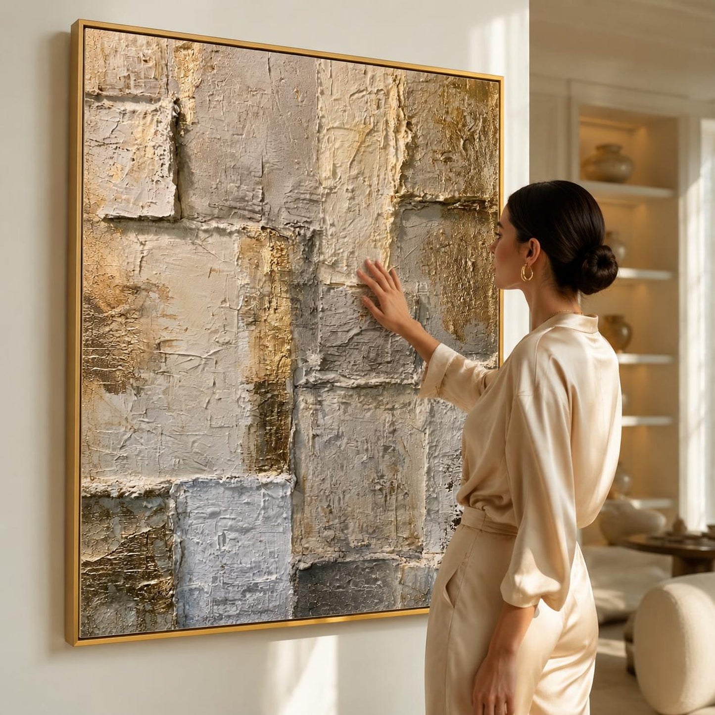 Gold Textured Abstract Wall Art, Neutral Geometric Canvas Painting, Luxury Modern Plaster Artwork, Beige Gray Statement Wall Decor