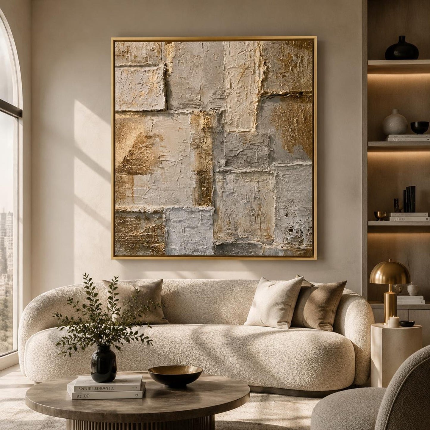 Gold Textured Abstract Wall Art, Neutral Geometric Canvas Painting, Luxury Modern Plaster Artwork, Beige Gray Statement Wall Decor