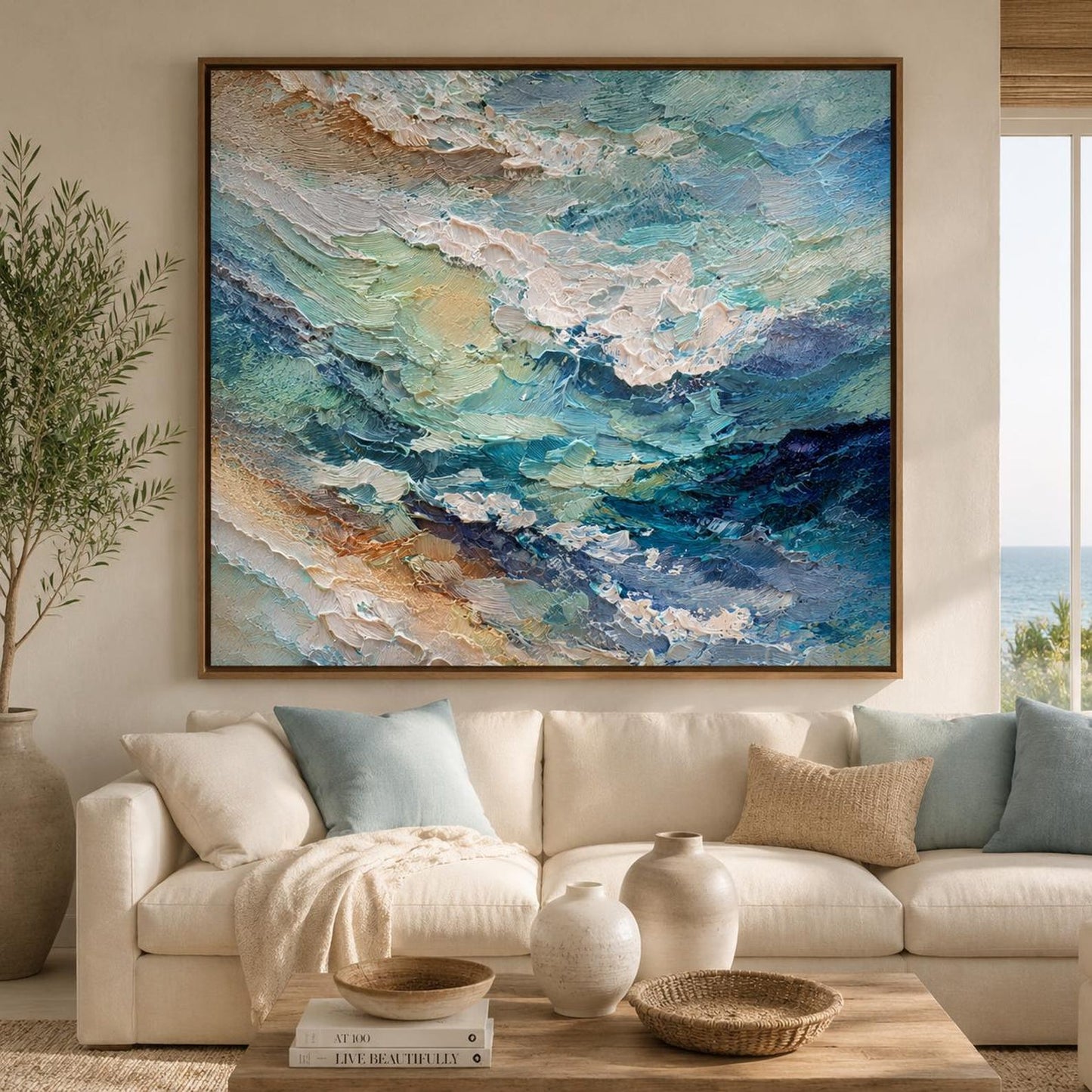 Ocean Wave Wall Art, Textured Coastal Canvas Painting, Blue Seascape Impasto Artwork, Modern Beach Wall Decor, Luxury Ocean Canvas