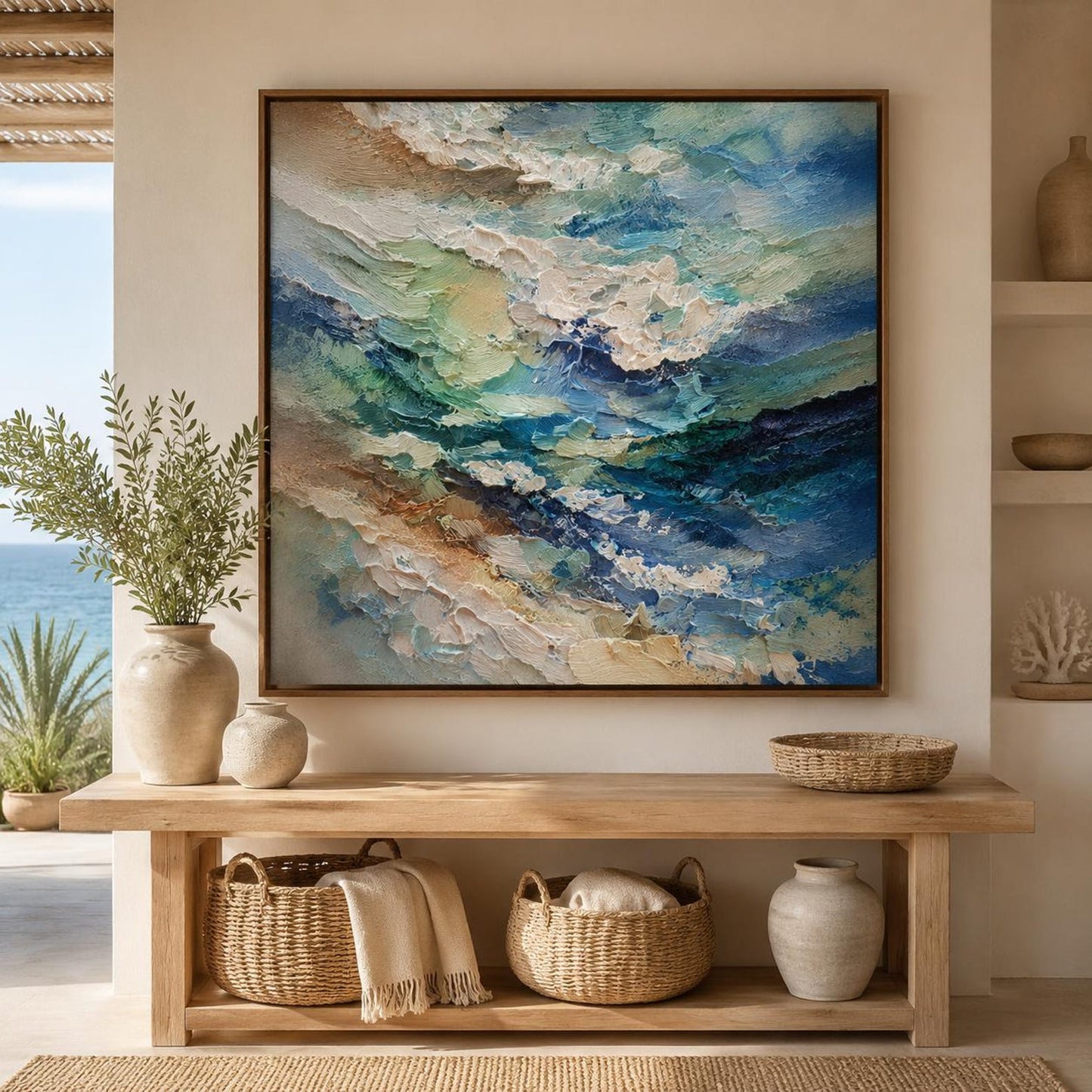 Ocean Wave Wall Art, Textured Coastal Canvas Painting, Blue Seascape Impasto Artwork, Modern Beach Wall Decor, Luxury Ocean Canvas