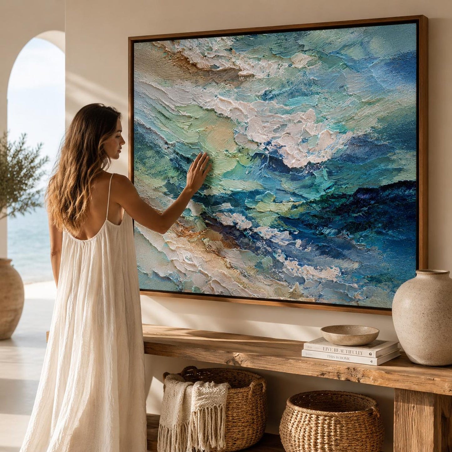 Ocean Wave Wall Art, Textured Coastal Canvas Painting, Blue Seascape Impasto Artwork, Modern Beach Wall Decor, Luxury Ocean Canvas