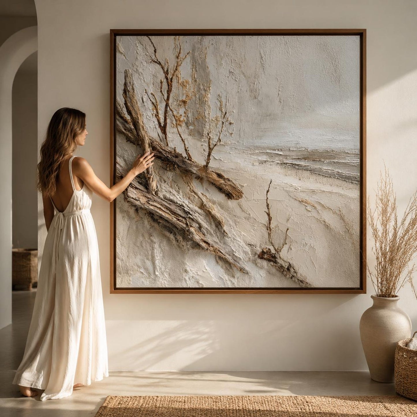 Driftwood Beach Wall Art, Textured Coastal Canvas Painting, Rustic Ocean Landscape, Neutral Beach Decor, Luxury Coastal Wall Art
