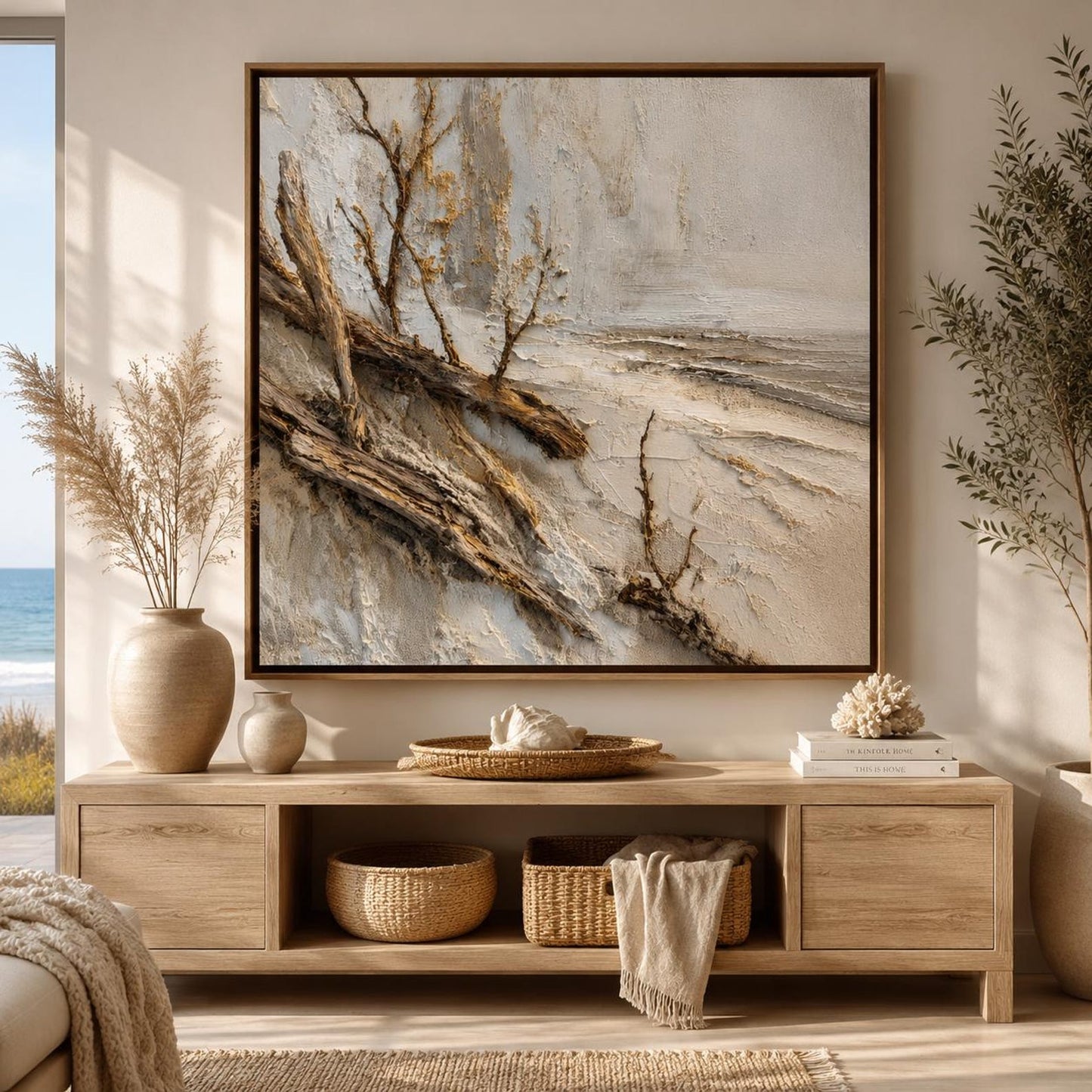 Driftwood Beach Wall Art, Textured Coastal Canvas Painting, Rustic Ocean Landscape, Neutral Beach Decor, Luxury Coastal Wall Art