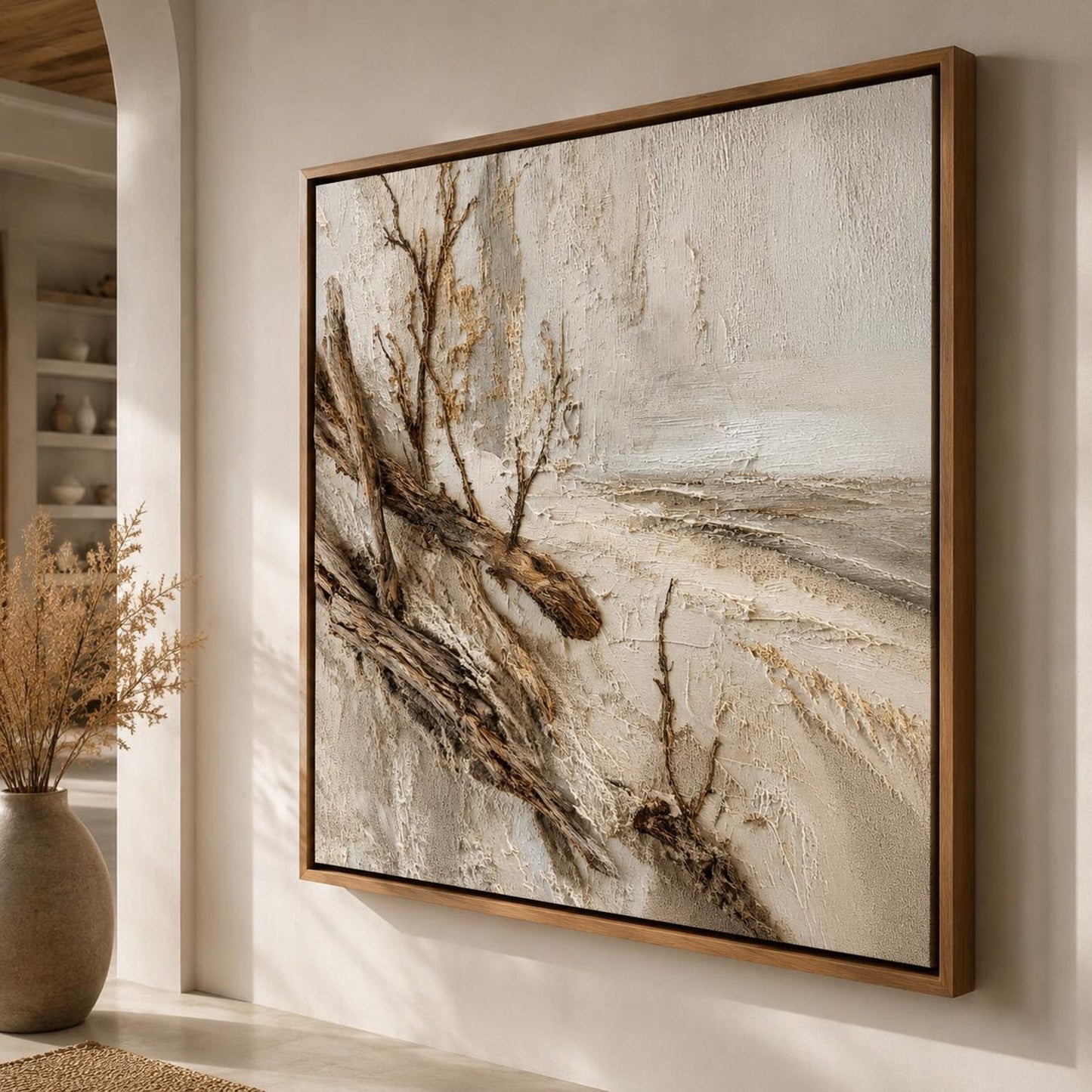 Driftwood Beach Wall Art, Textured Coastal Canvas Painting, Rustic Ocean Landscape, Neutral Beach Decor, Luxury Coastal Wall Art