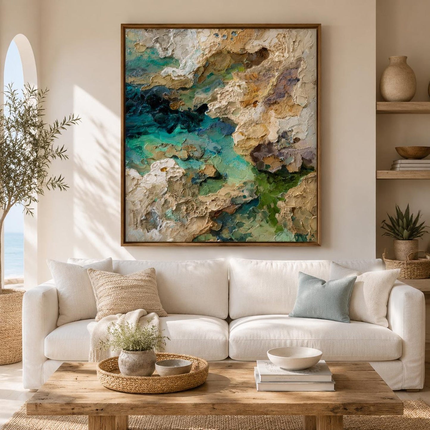 Coastal Abstract Wall Art, Textured Ocean Canvas Painting, Turquoise Impasto Seascape Artwork, Luxury Coastal Wall Decor